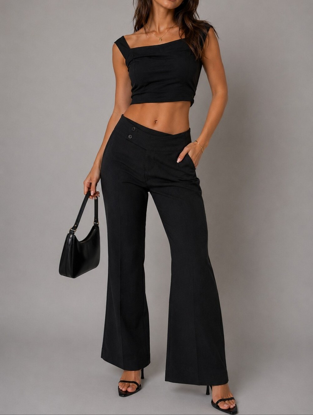 Vintage Y2K Asymmetrical Waist Flare Pants Black Low Rise Bootcut Size 7
